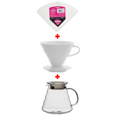 Horecamark V60 No: 2 Porselen Dripper Beyaz + Cam Kahve Servis Potu  600 mm + Hario V60 No: 2 Filtre Kağıdı 100'lü Paket