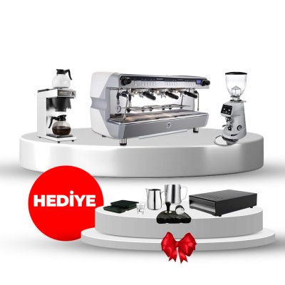 Horecamark Casadio Inox Set, Casadio NETTUNO A3 TC Tall Cup Tam Otomatik Espresso Kahve Makinesi, Fiorenzato F64E On Demand Kahve Değirmeni, Horecamark HRC120-2 Çift Potlu Filtre Kahve Makinesi 1.8 Lt., Hediye Horecamark Barista PRO SET
