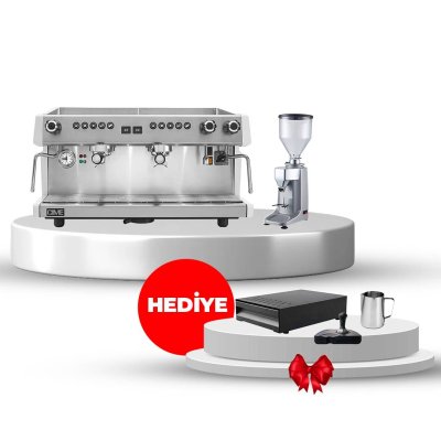 Horecamark Eco Grey Set, Cime Luna 2 Gruplu Espresso Makinesi, Vosco KD-25G Kahve Değirmeni, Hediye Mini Barista Seti
