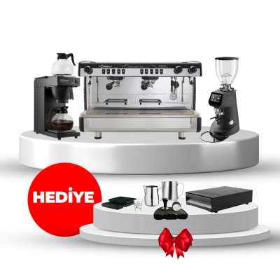 Horecamark La Cimbali Set, La Cimbali M23 UP DT/2 TC, Fiorenzato F64E On Demand, HRC120-2 Çift Potlu Filtre Kahve Makinesi, Hediye Horecamark Barista PRO SET