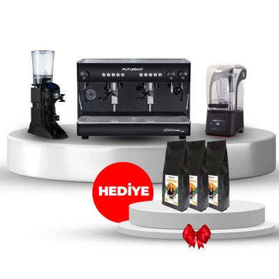 Horecamark Ottima Black Set, Ottima Futurmat Evo Tam Otomatik Espresso Kahve Makinesi, Cunill MOVIE TRON Otomatik On Demand Kahve Değirmeni, Portabianco Gürültü Önleyi̇ci̇ Kapakli Bar Blender Di̇ji̇tal, Hediye Horecamark 3Kg Espresso Çekirdek Kahve