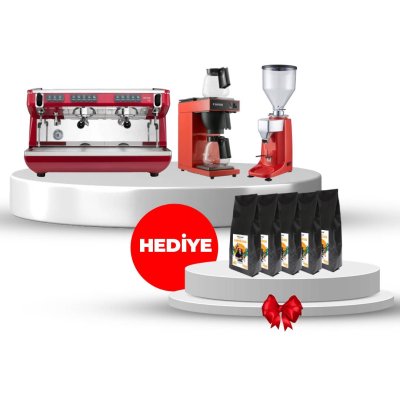 Horecamark Red Cafe Set, Nuova Simonelli Appia Life Tall Cup Espresso Kahve Makinesi, Vosco KD-25K Kahve Değirmeni, Senox Coffeedio FLT120 Filtre Kahve Makinesi, 5x Horecamark 1 Kg Espresso Kahve Çekirdeği