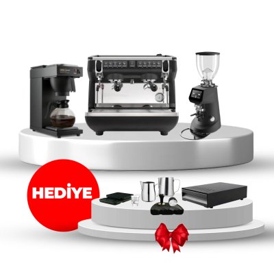Horecamark Simonelli Set, Nuova Simonelli Appia Life Compact Tall Cup Tam Otomatik Espresso Makinesi, Fiorenzato F64E On Demand Öğütücü, Horecamark HRC120 Filtre Kahve Makinesi, Hediye Horecamark Barista PRO Set