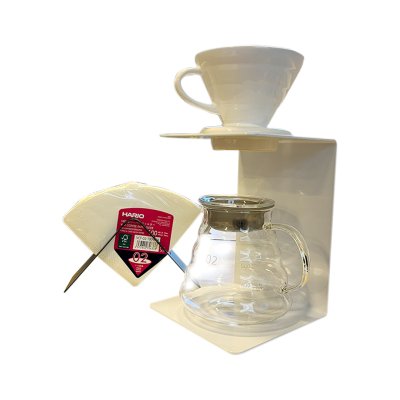Horecamark V60 Pro Coffeer  White Set Seramik V60 Cam Servis Potu 100 Adet Hario Filtre Kağıdı Metal Dripper Standı ve Metal Filtre Kağıdı Tutucu